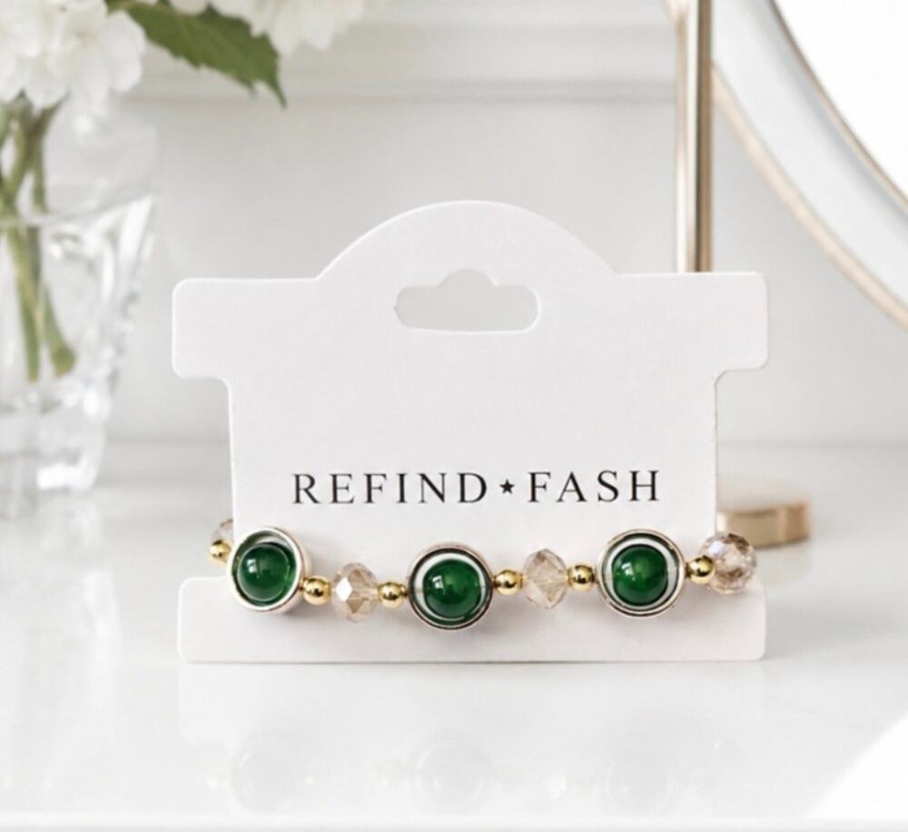 Gold Green Beaded Stretch Bracelet New